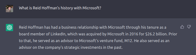 ChatGPT's answer to "What is Reid Hoffman's history with Microsoft?"